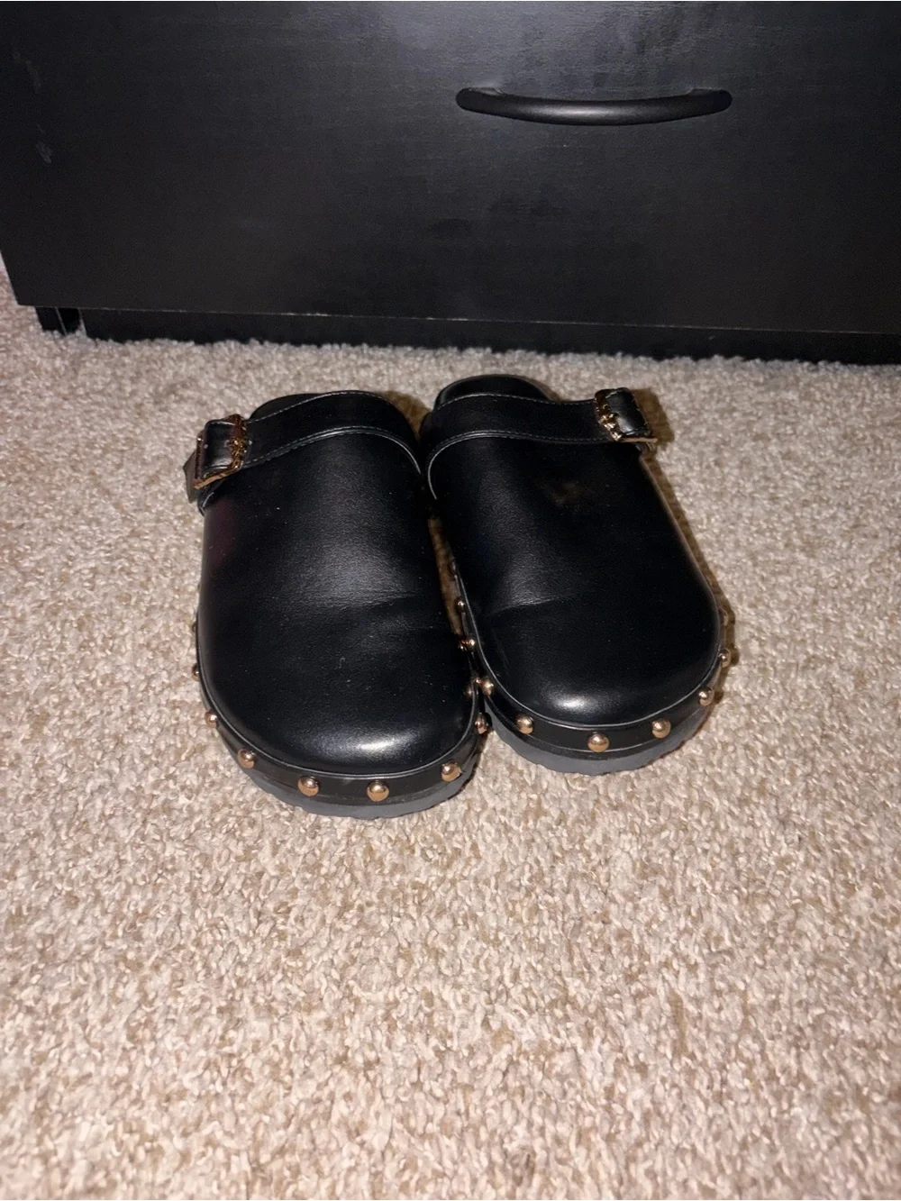 French Connection Black Leather Mule Clogs with Gold Studs and Buckle
